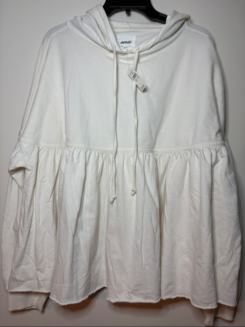 Women's AERIE PEPLUM HOODIE Cream Drawstring Hooded Peplum Sweatshirt Medium NWT